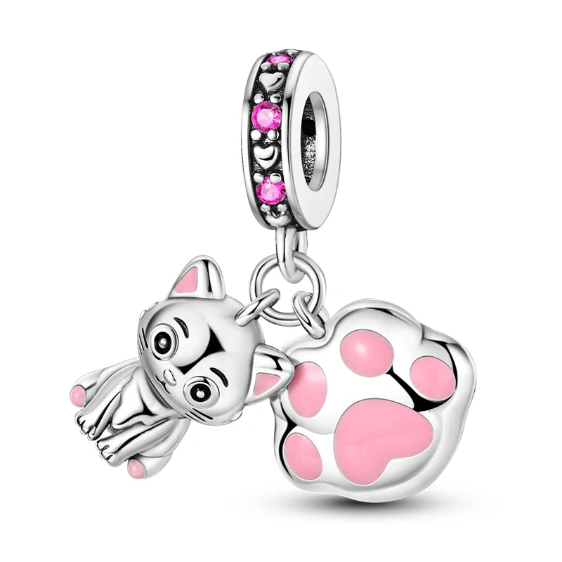 925 Sterling Silver Cute Cat Charm Beads | Paw Print Pendant for Original DIY Bracelets & Women’s Jewelry Gift
