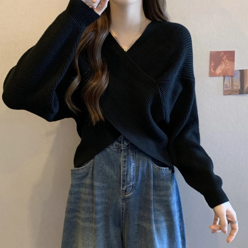 2025 New Korean Style Casual Slim Fit Knitted Top – Cross Neck Lazy Sleeve Design Sensation