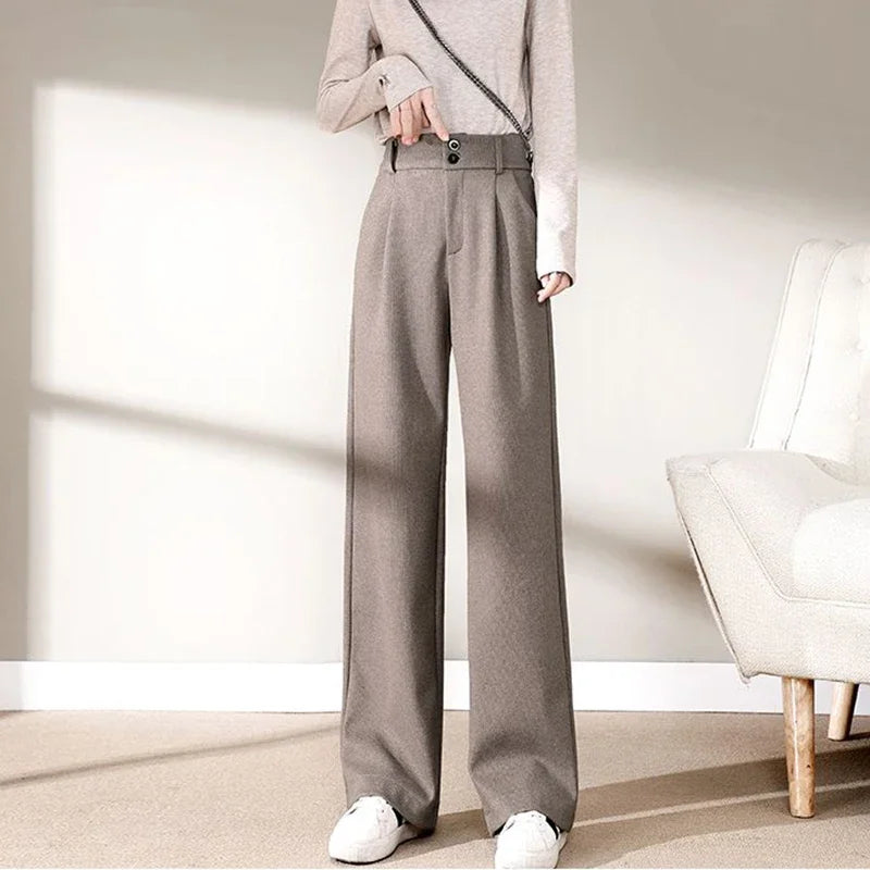 Women's High Waisted Woolen Pants | Autumn Winter Thick Trousers | Classic Straight Leg Fashion Pants