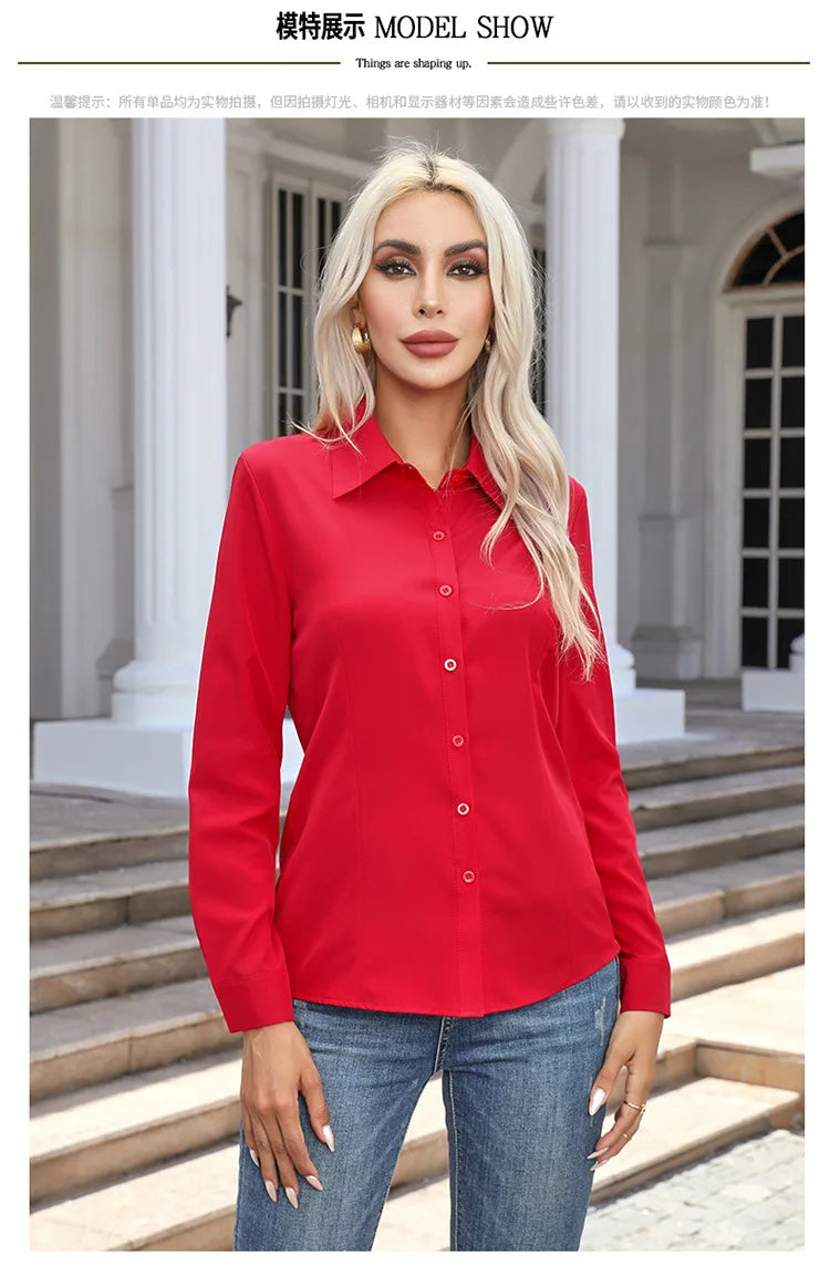 Women’s Solid Color Long Sleeve Shirt – Spring Autumn Casual Turn-Down Collar Loose Top