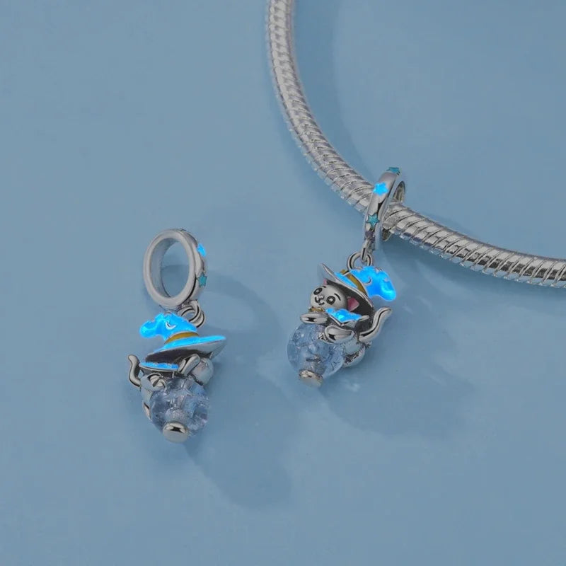 925 Sterling Silver Luminous Fairy Cat Owl Dragon Glass Charm | Original Design Bead for Bracelet DIY Jewelry