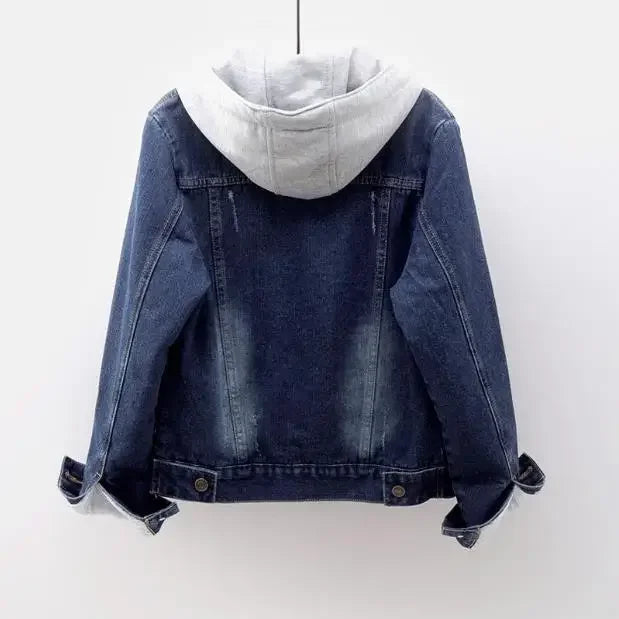 Women’s Hooded Denim Jacket | Patchwork Button Coat with Pockets Streetwear Outerwear 2025