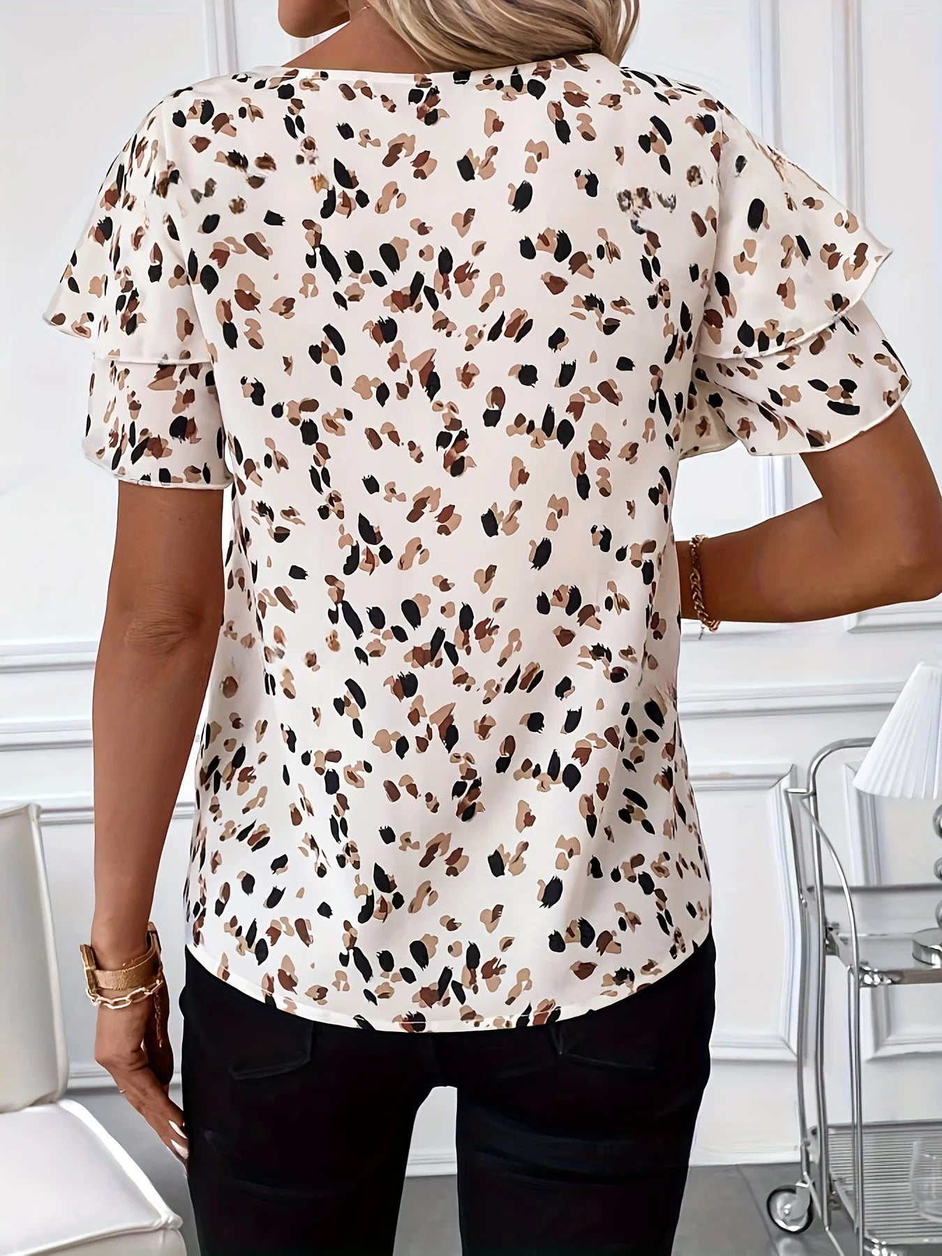 Summer Women Elegant Print Shirt – Casual Fashion Vacation Crew Neck Ruffle Sleeve Top 🌿✨