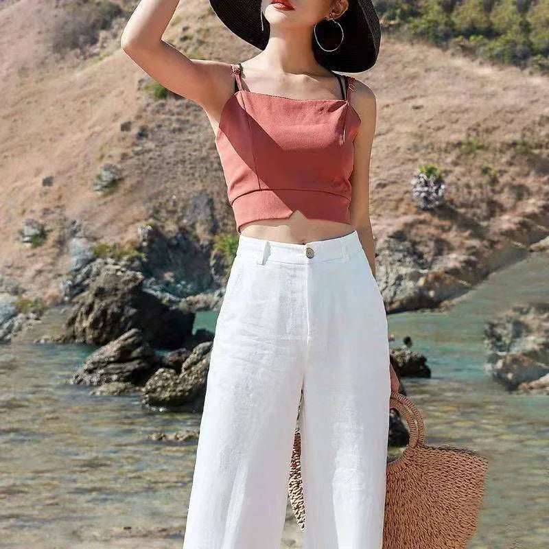 Women’s Summer Baggy Cotton Linen Pants | High Waist White Wide Leg Casual Trousers