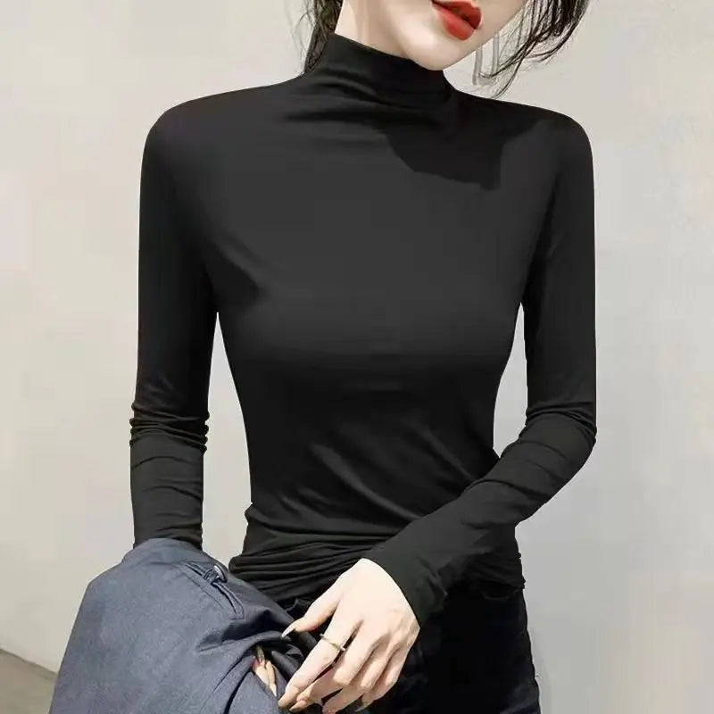 2024 Women’s Black Turtleneck Long Sleeve T-Shirt | Elegant Modal Y2K Korean Fashion Top for Autumn & Winter