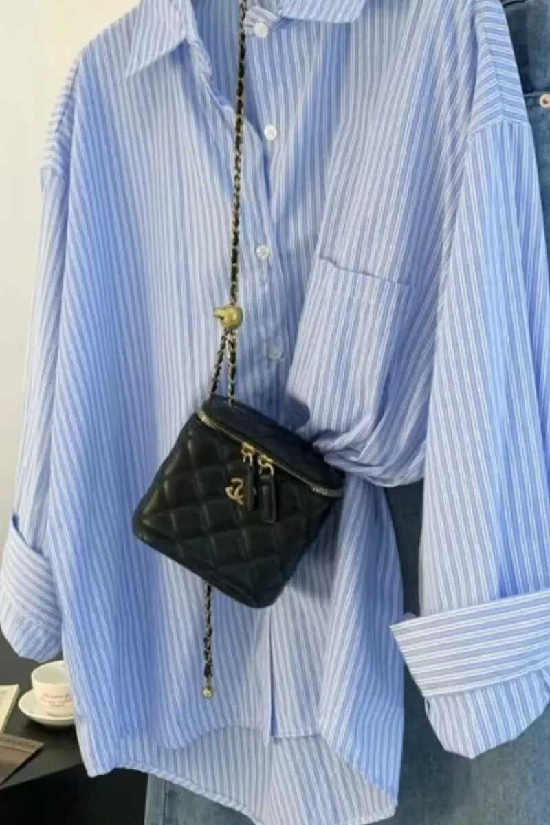 Retro Lazy Style Blue Striped Women’s Long Sleeve Shirt | Spring Autumn Design Sense Outerwear Blouse