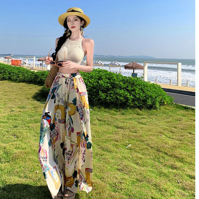 Vacation Style High Waist Wide Leg Pants – Thin Long Ethnic Print Pants for Beach & Holiday Wear