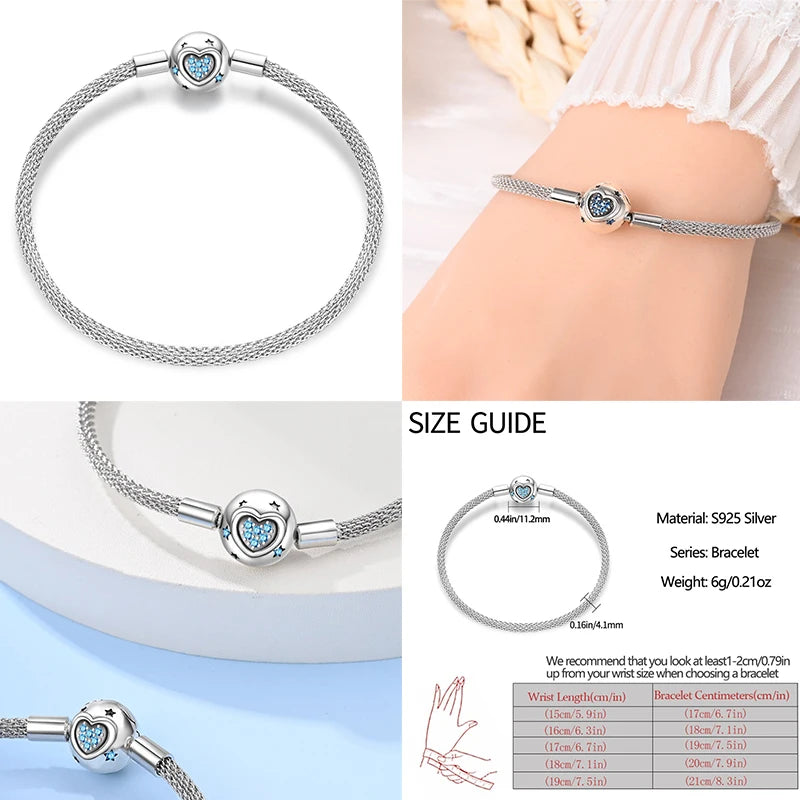 925 Sterling Silver Heart Moon Sun Clasp Charm Bracelet | 17–20CM Original Bracelet for Women | Fits Pandora DIY Beads Jewelry