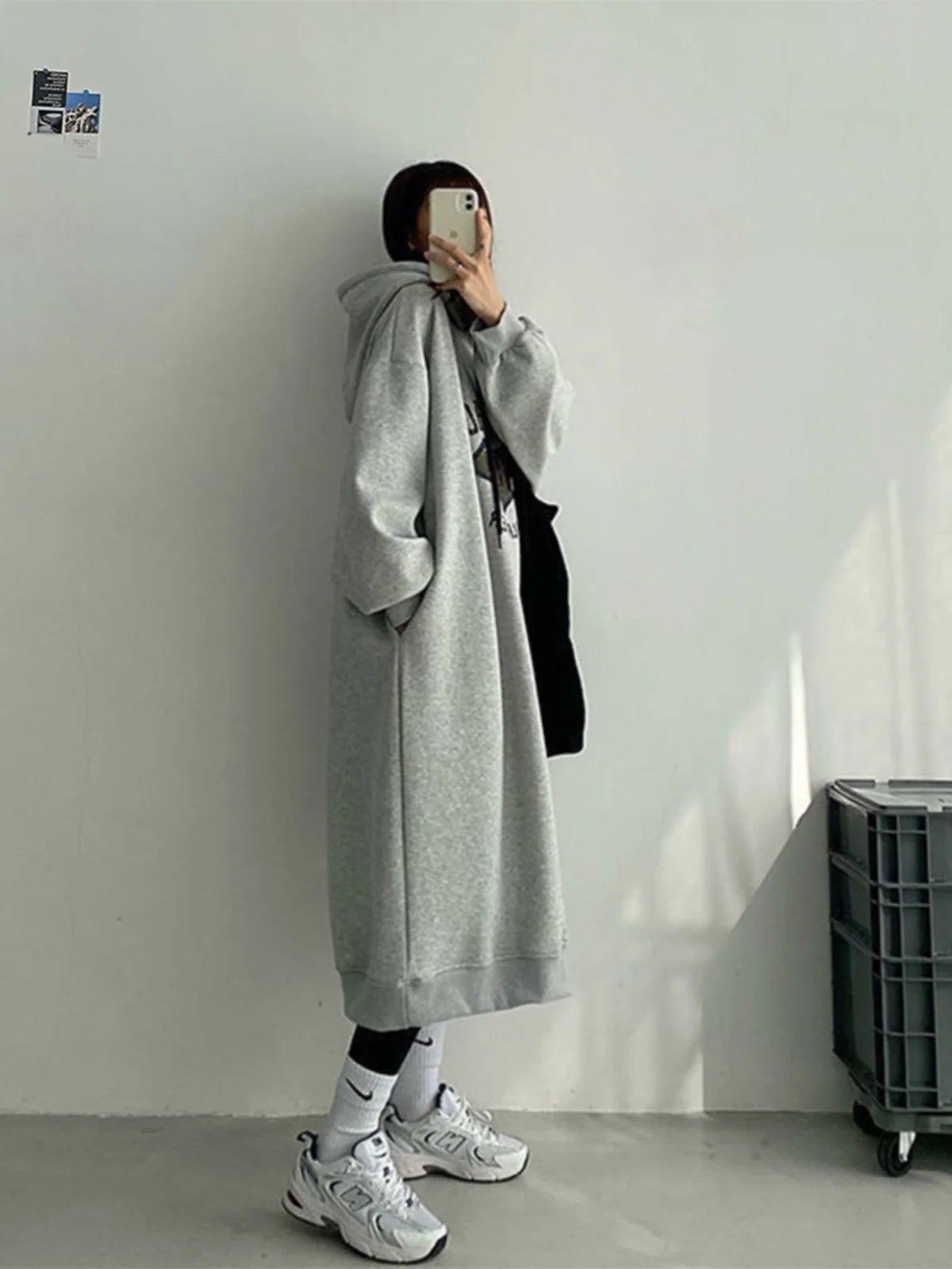 Plus Size Women’s Fleece-Lined Hoodie Dress – Lazy Sleeve Loose A-Line Skirt with Lettering | Autumn & Winter