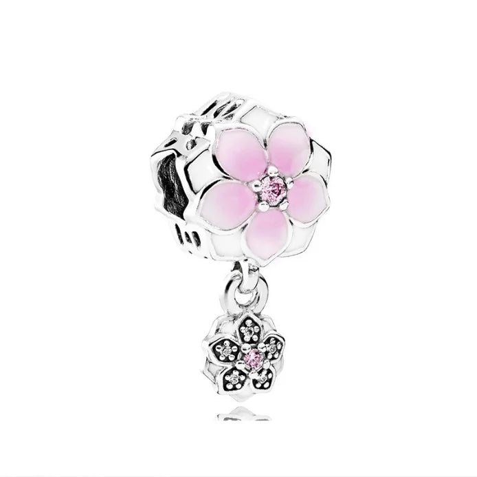 Romantic Pink Flowers 925 Sterling Silver Charms | Bag Lipstick Heart Bow Rose Bead Fit Original Bracelet DIY Jewelry Gift