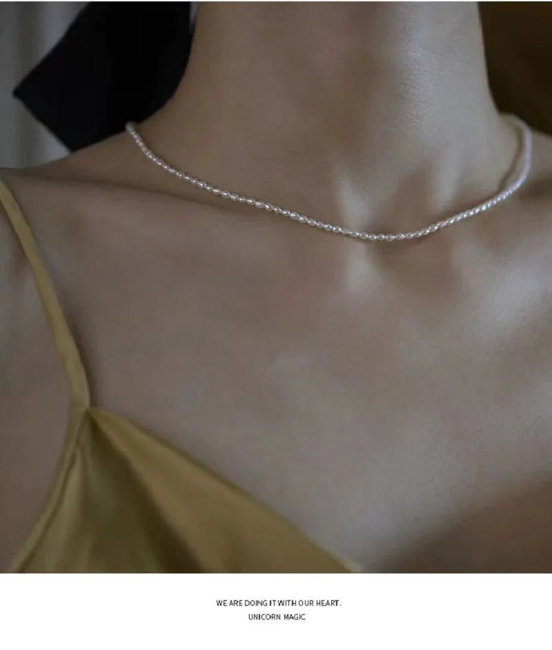 Dainashi 925 Sterling Silver Freshwater Pearl Necklace – 2.5–3.5mm Rice Shape Pearl Choker for Women Jewelry Gift