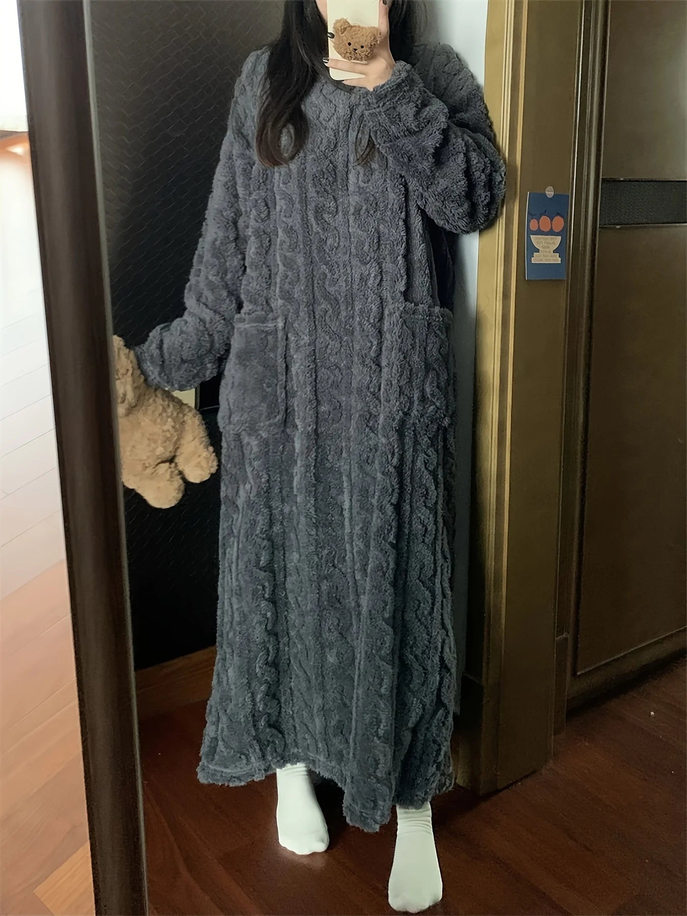 Comfortable Velvet Jacquard Home Dress – Warm Thick Long-Sleeve Round-Neck Loose Loungewear for Women