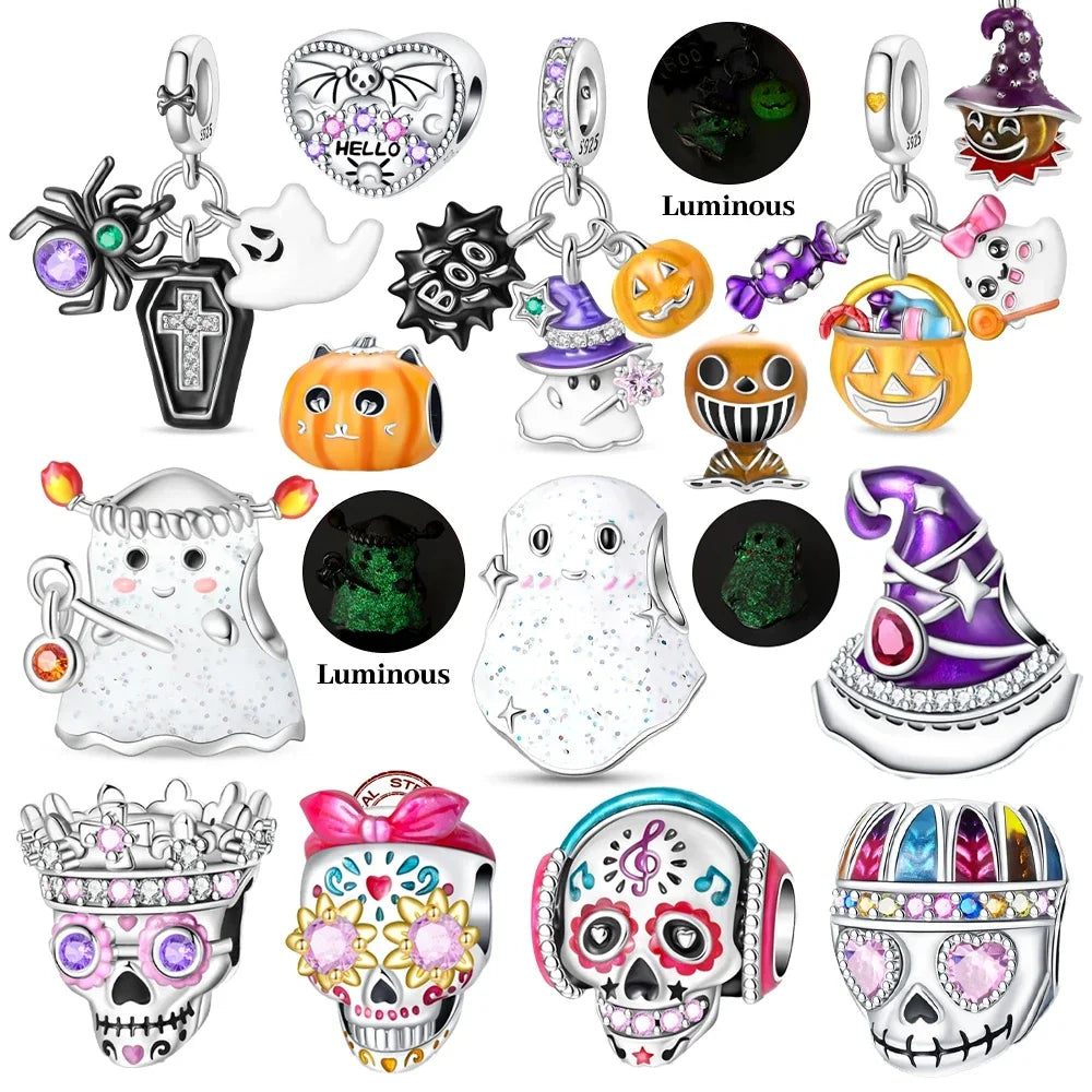 925 Sterling Silver Halloween Luminous Skull & Pumpkin Charms | Fits Original Pandora Bracelet | Party DIY Jewelry Gift