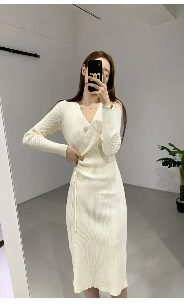 Chic V-Neck Pleated Drawstring Slimming Mid-Length Wrap Dress – Women’s Knitted Sweater Dress | Korean Style High Waist A-Line