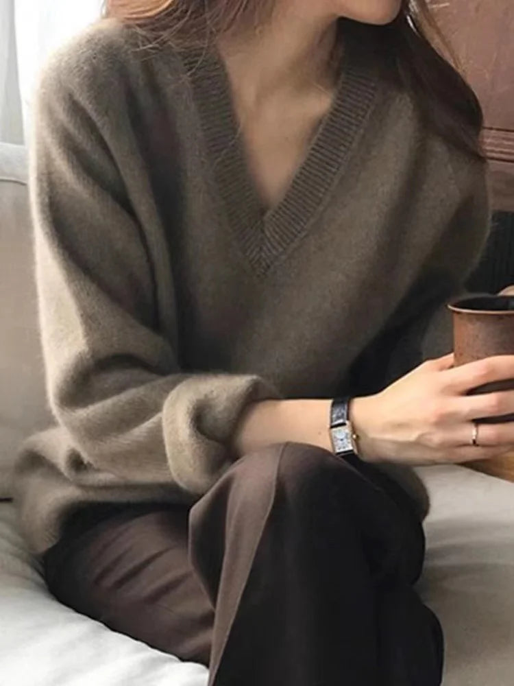 Women’s V-Neck Knitwear – Retro Japanese Style Loose Fit Long Sleeve Crew Neck Top | Spring & Autumn 2025