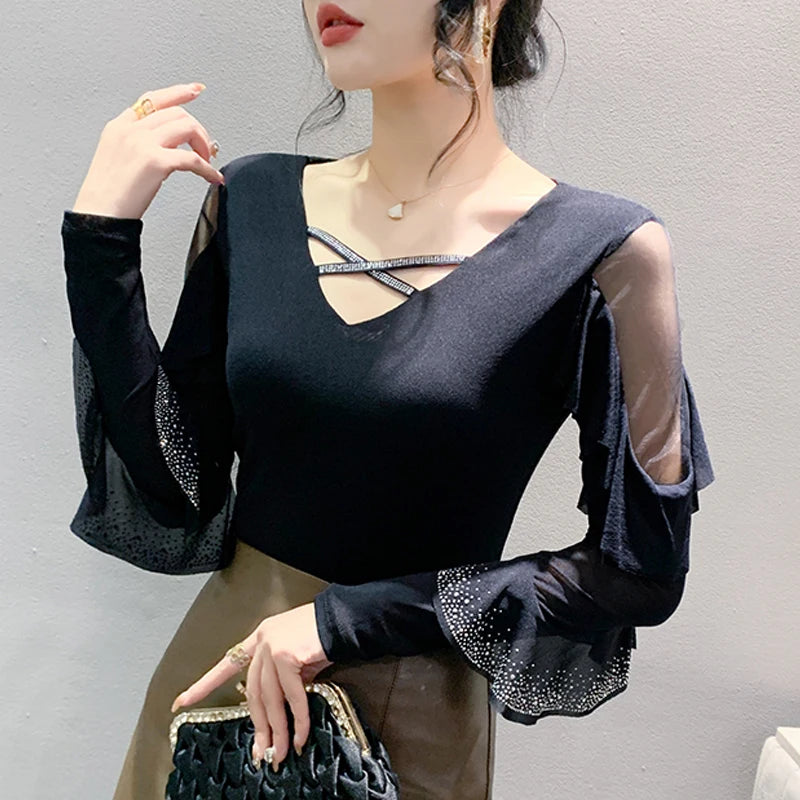 2025 Autumn Women’s Mesh Top – Korean Round Neck Ruffles & Diamond Detail Long Sleeve T-Shirt 🍂✨