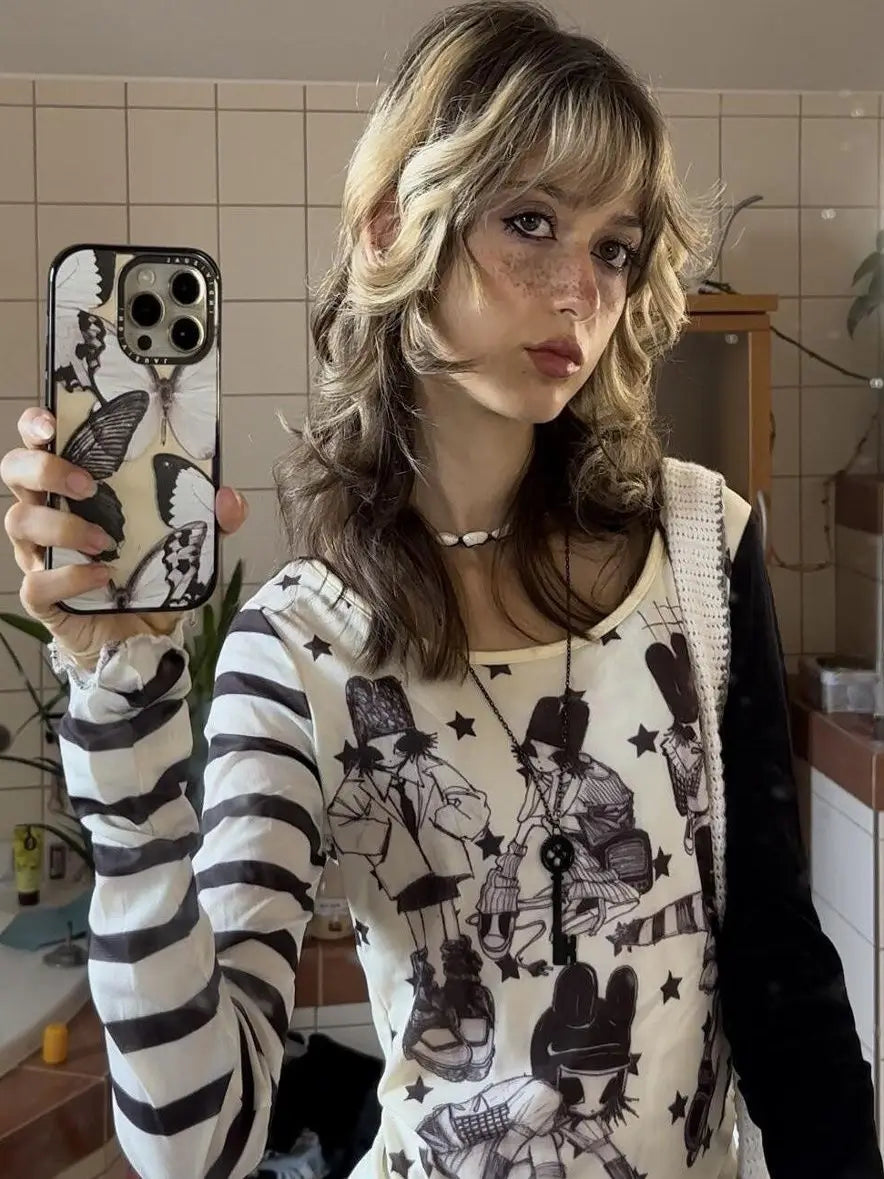 Y2K Star Striped Asymmetric Slim Fit Long Sleeve T-Shirt | Trendy Women’s Street Style Moisture-Wicking Base Top