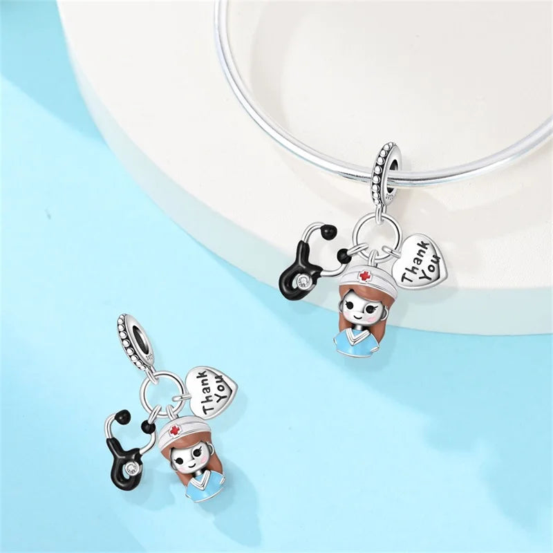 Doctor Nurse 925 Sterling Silver Charms Beads | Original Trendy Medical Pendant for DIY Bracelet Jewelry