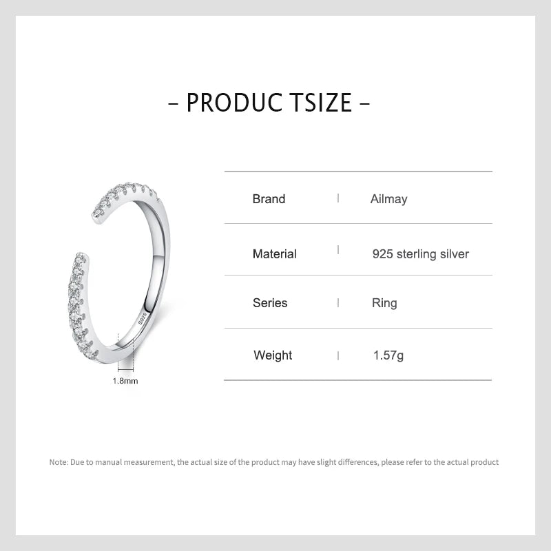 Ailmay 925 Sterling Silver Open Ring 💍 Sparkling CZ Adjustable Index Finger Ring for Women | Elegant Wedding & Engagement Jewelry