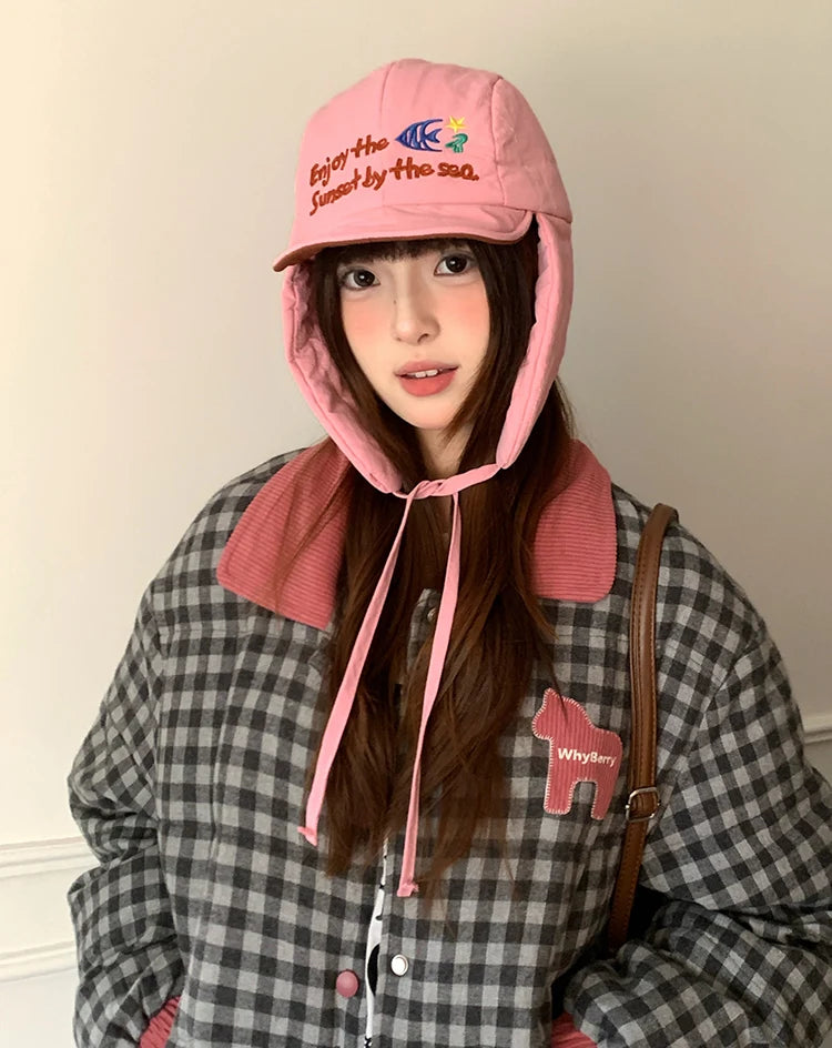 Korean Cute Alphabet Embroidery Thickened Lei Feng Hat Women's Winter Outdoor Cycling Warm Ear Hat Ski Hat