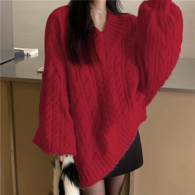 Women's V-Ne Thiened Twisted Sweater Loose Autumn Winter Outerwear Lazy Sle Design Soft Knitted irt Long Sve Top
