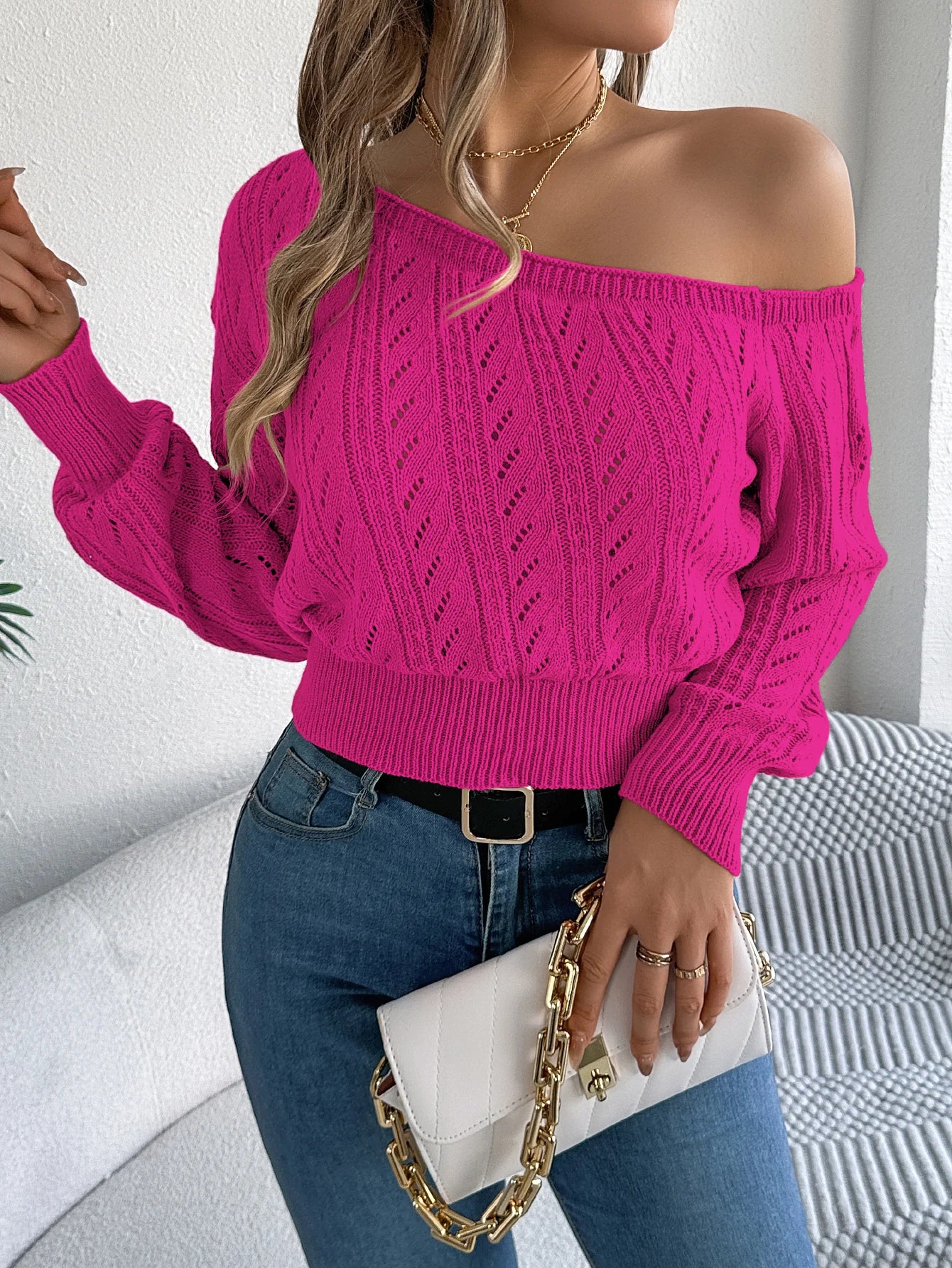 Women’s Autumn/Winter Slash Neck Off-Shoulder Knitted Pullover Sweater – Casual Elegant Long Sleeve Top
