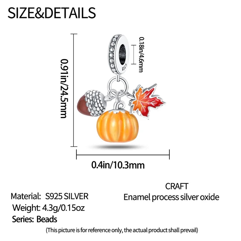 925 Sterling Silver Squirrel & Maple Leaf Charm | Shiny Zircon Autumn Beads Fit Pandora Bracelet DIY Jewelry