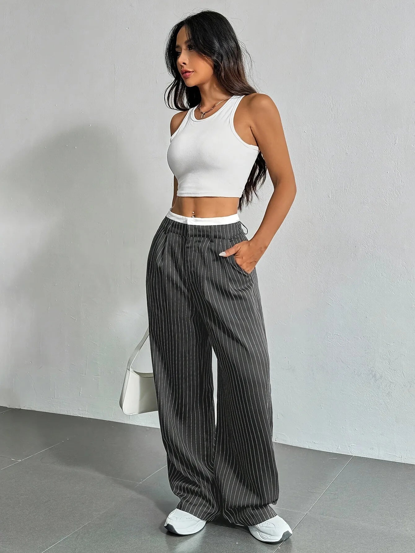 Women’s High Waist Straight Leg Pinstripe Trousers | Office & Casual Striped Dress Pants with Pockets