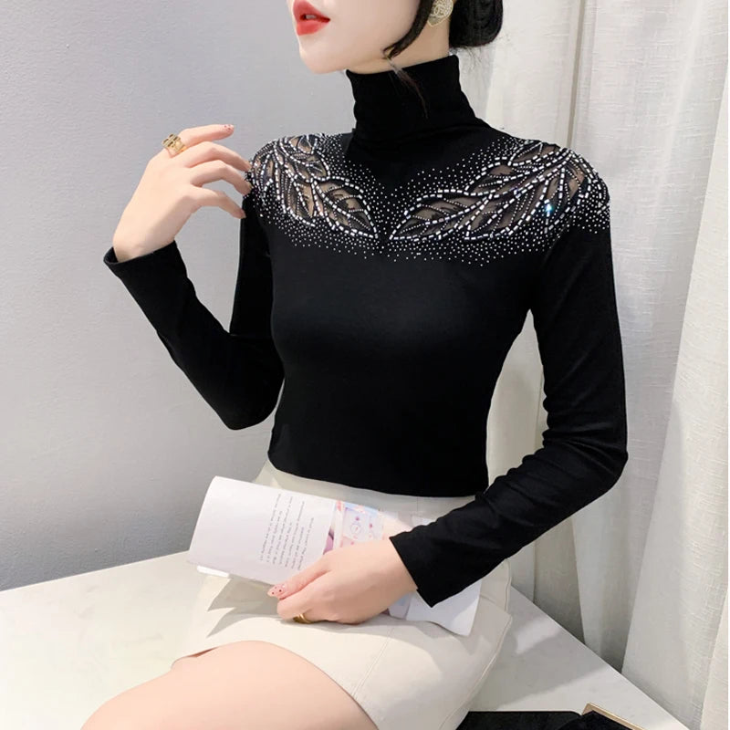 2025 European Station Women’s Long Sleeve Tee – Stand Collar Slim Mesh Top with Hot Diamond ✨👚
