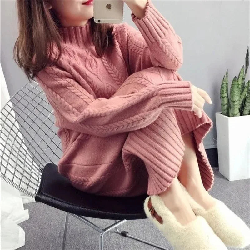 Khaki Thickened Half High Neck Sweater Dress for Women – Autumn Winter 2023 Korean Fashion Loose Thin Knit Long Dress