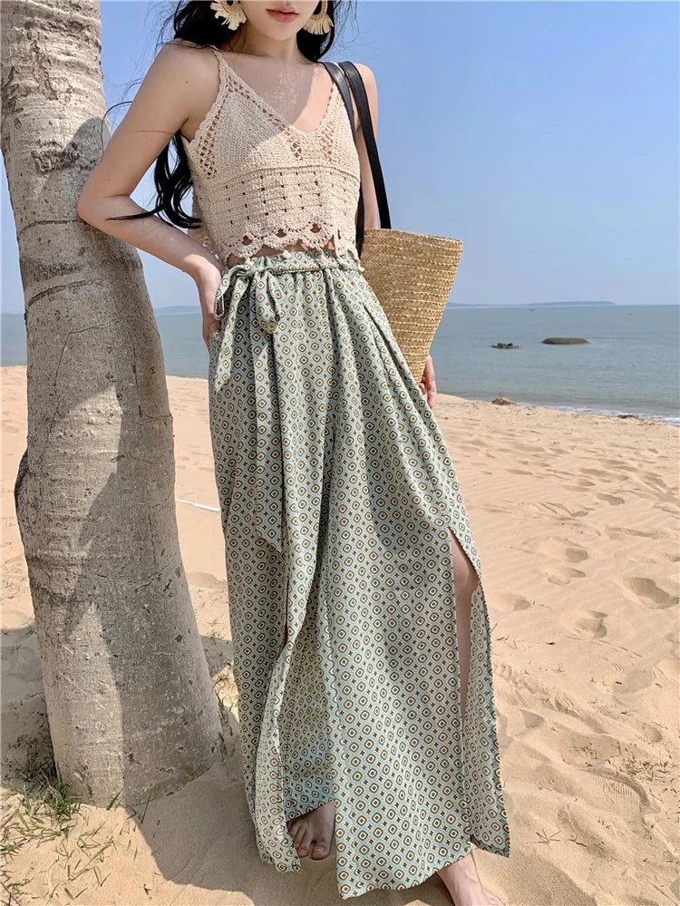 Vacation Style High Waist Wide Leg Pants – Thin Long Ethnic Print Pants for Beach & Holiday Wear