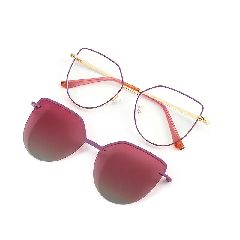 Cat Eye Flip-On Sunglasses for Women – Anti Blue Light Eyeglass Frames with Polarized Magnetic Clip | Ladies Fashion Computer Eyeglasses 7002