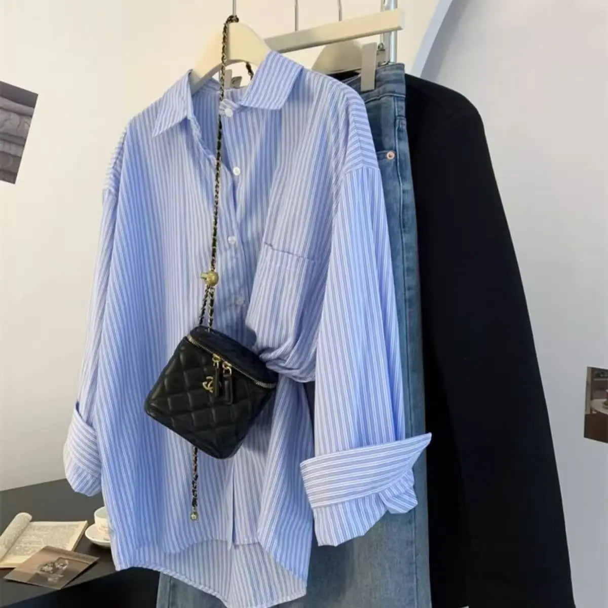 Retro Lazy Style Blue Striped Women’s Long Sleeve Shirt | Spring Autumn Design Sense Outerwear Blouse