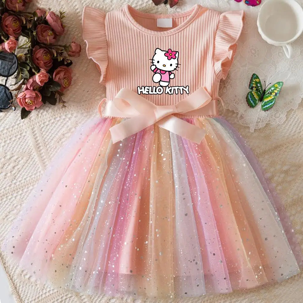 Hello Kitty Flying Sleeves Bow Sequin Princess Dress for Girls | Birthday Party Tutu Dress | Fluffy Baby Girl Dress 1–5 Years