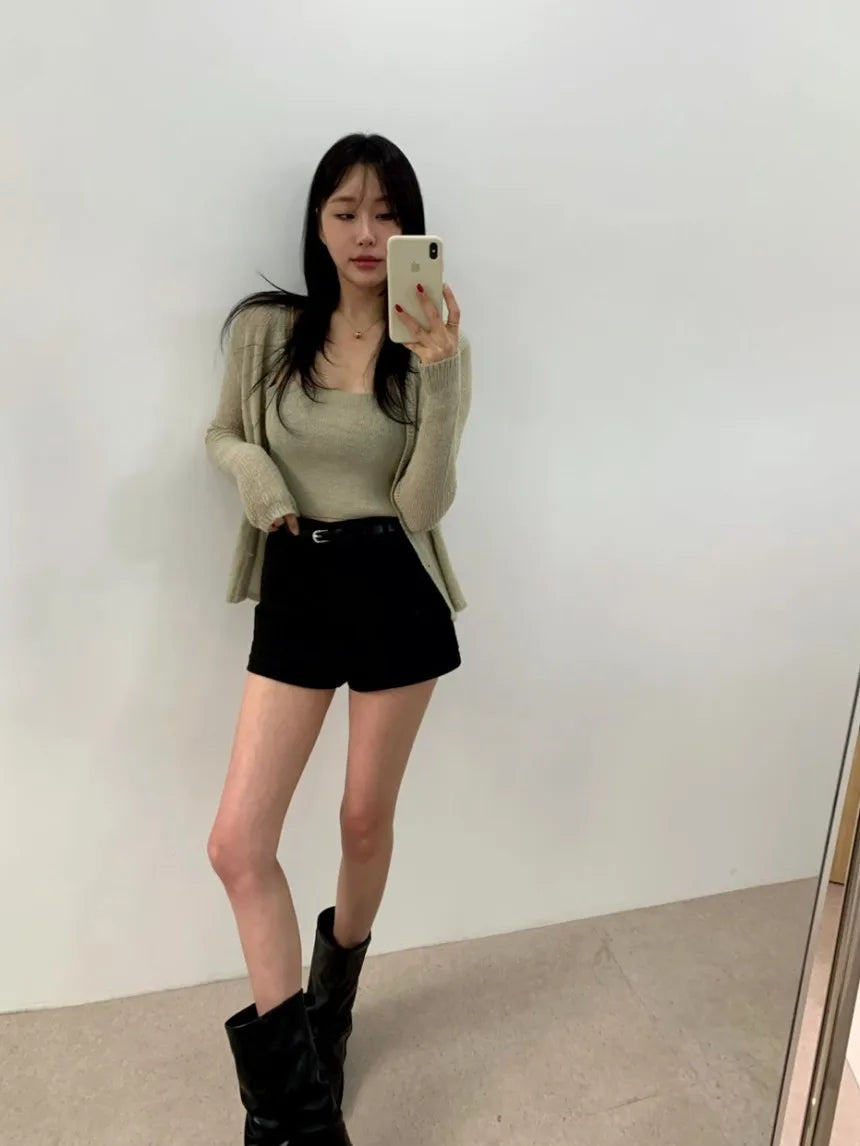 Simple round Ne Button up Knit Sweater Strap Set Casual Sle Polyester Fiber Open Cardigan for Women Autumn Winter ential