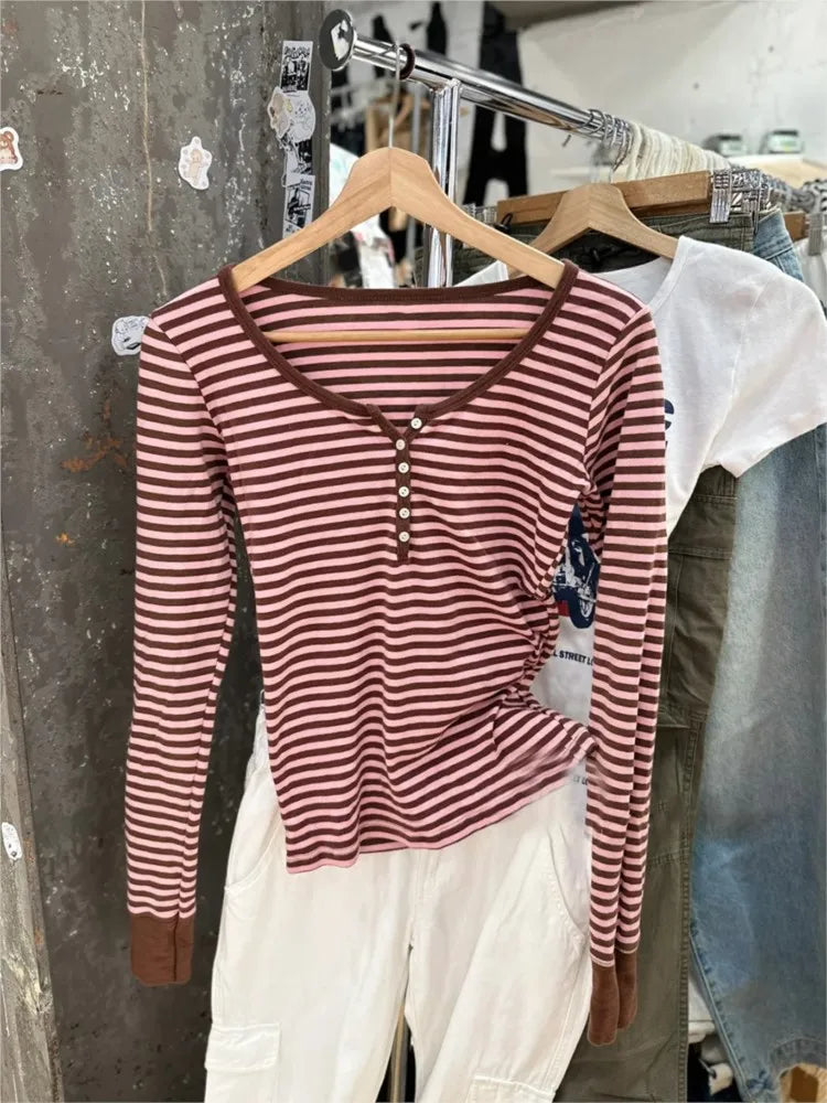 Women’s Pink Striped Slim Long Sleeve Tee | Casual Cotton O-Neck T-Shirt | Sweet Vintage Y2K Top