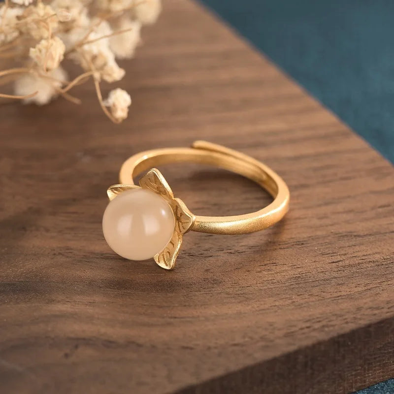 PANJBJ 925 Sterling Silver Hotan Jade Geometric Adjustable Ring | Retro Delicate Jewelry Gift for Women