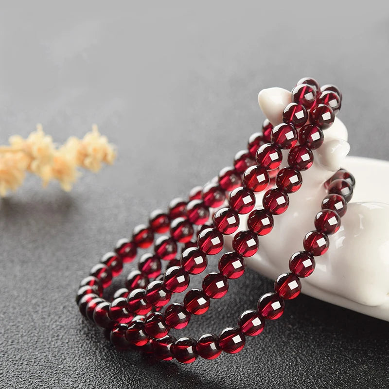 Natural Red Pomegranate Stone Bead Bracelet | Dark Garnet Charm for Women & Men