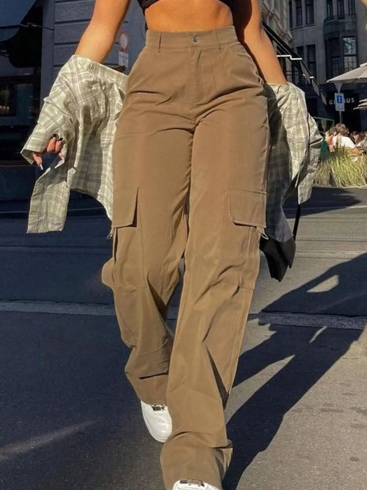 Women’s Plain High Waist Cargo Pants | Street Fashion Pocket Trousers | Casual All Season Bottoms