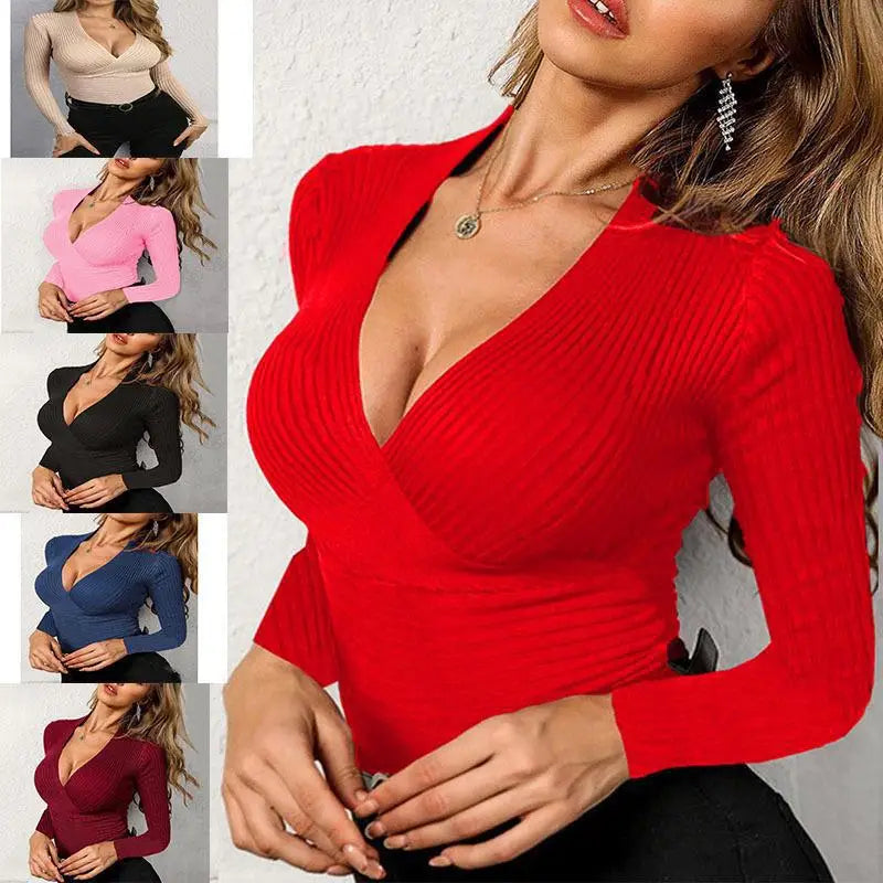 Women’s Solid Color Knitted V-Neck Top – Elegant Slim Long Sleeve Sexy Intellectual Commuter T-Shirt