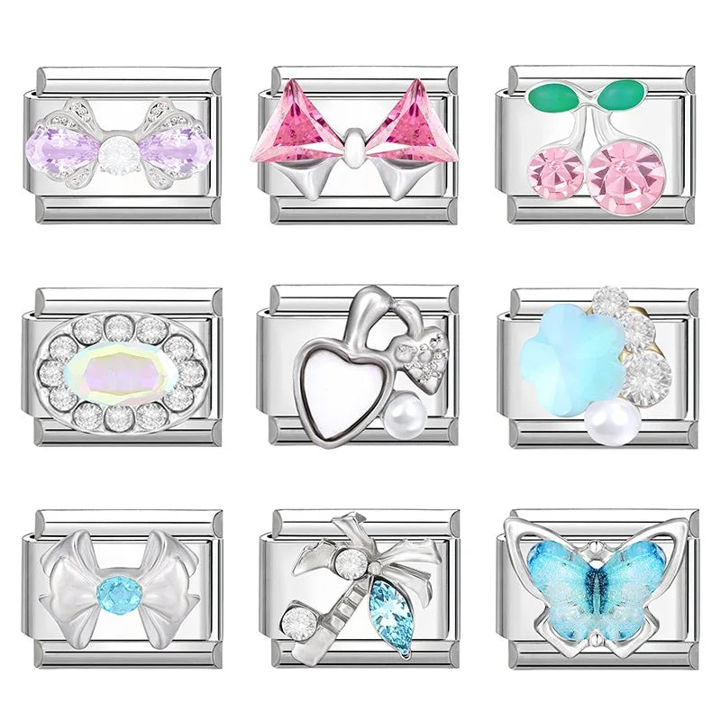 2025 Original Zircon Bow Knot Star Cherry Italian Charm | Stainless Steel 9mm Links DIY Modular Bracelet Jewelry Wholesale