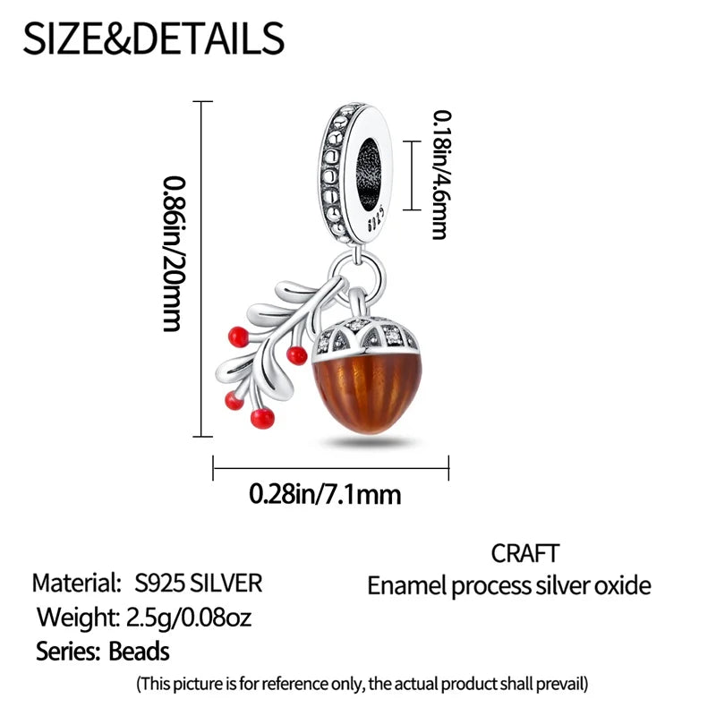 925 Sterling Silver Squirrel & Maple Leaf Charm | Shiny Zircon Autumn Beads Fit Pandora Bracelet DIY Jewelry