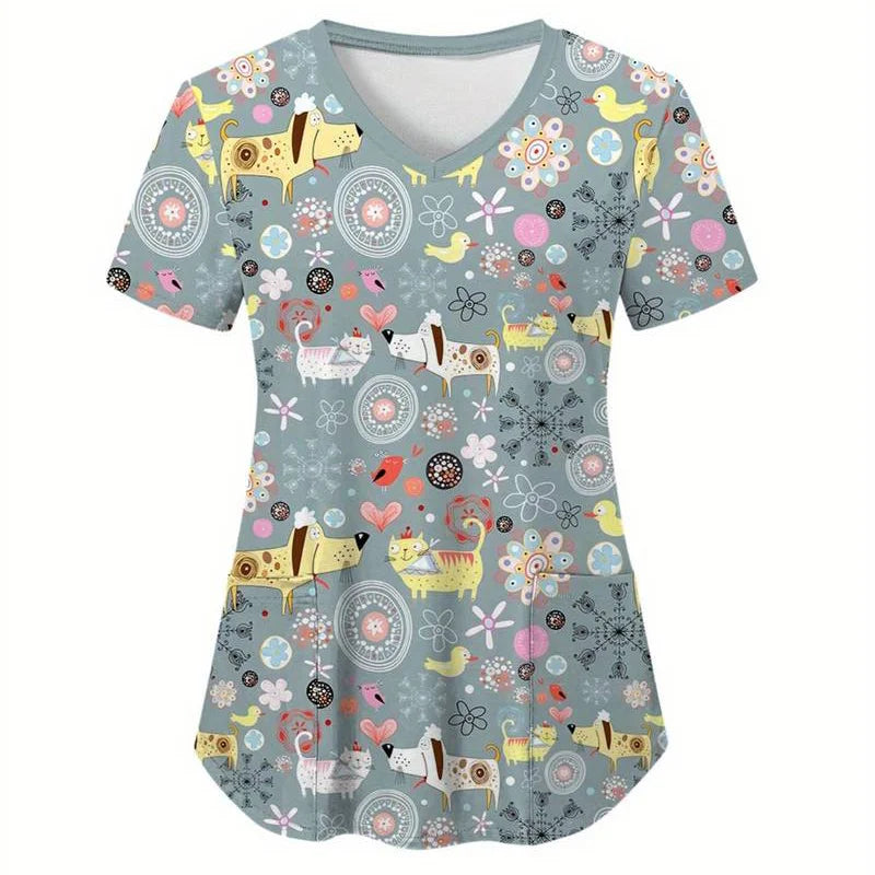 Women’s Medical Scrub Top – Cute Cartoon Print V-Neck Short Sleeve Nurse Dental Uniform 🩺🎀