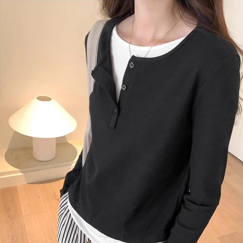 Slimming Effect Pure Cotton Long Sleeve Top – Women’s Loose Fashionable Base Shirt Spring Autumn 2025