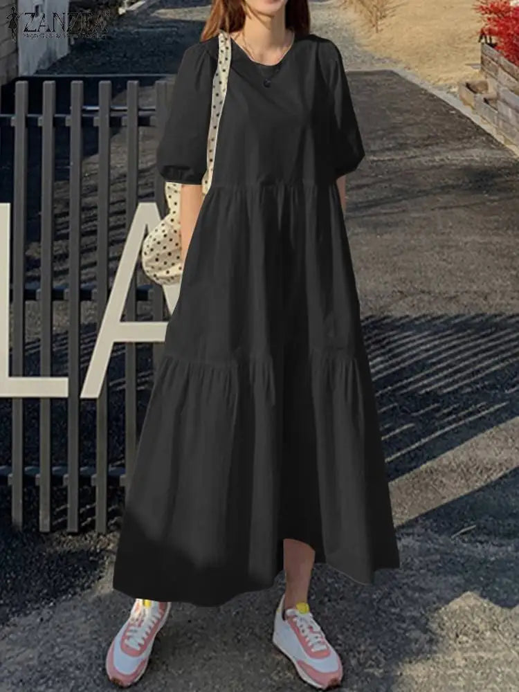 Elegant Solid Summer Dress for Women – ZANZEA 2023 Casual Short Sleeve Maxi Vestidos | O-Neck Oversized Robe Femme