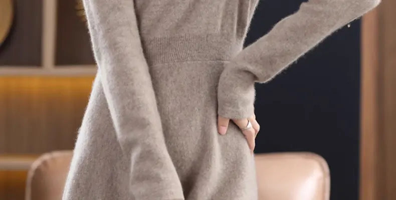 Women’s Mid-Length Knitted Wool Dress – High Collar Long Sleeve Casual Autumn Commute Dress for Ladies