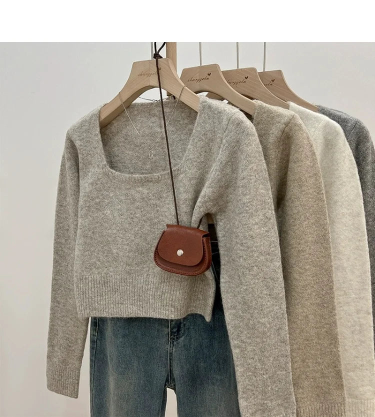 ✨ Soft Short Knitted Sweater Top for Women 🍁 Square Collar Slim Fit | Autumn Winter Inner Base Shirt 👚