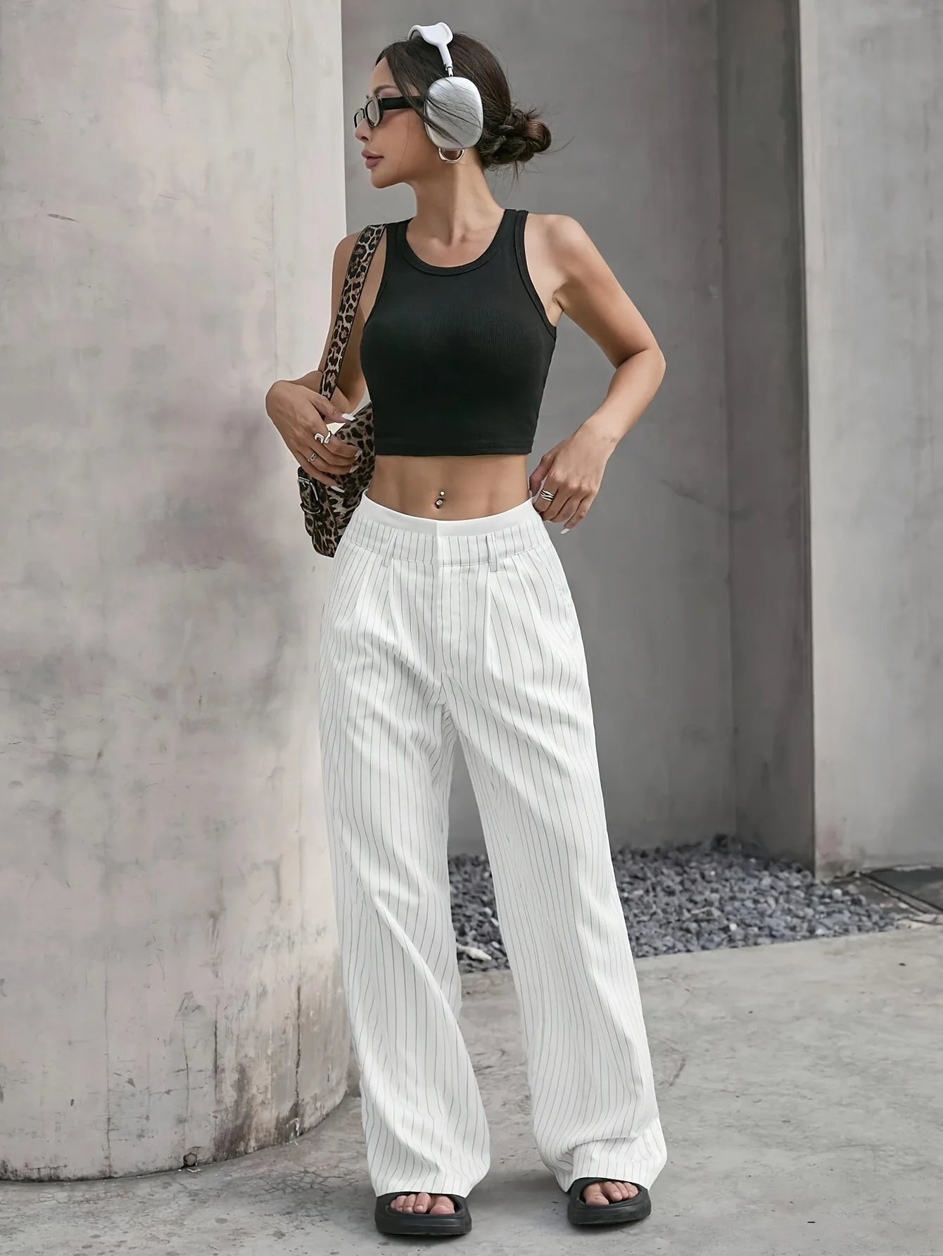 Women’s High Waist Straight Leg Pinstripe Trousers | Office & Casual Striped Dress Pants with Pockets