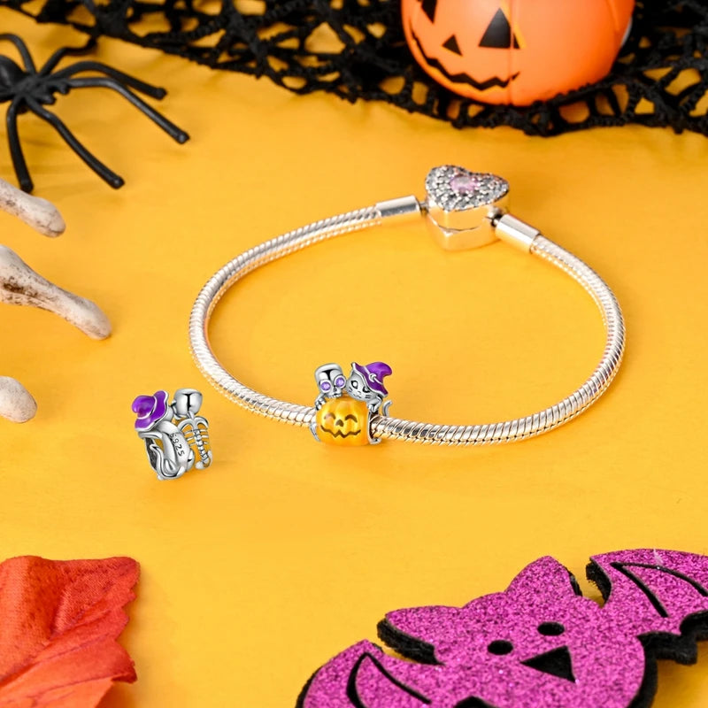 Halloween 925 Sterling Silver Charms | Pumpkin Skeleton Witch Bat Beads for Bracelet DIY Jewelry