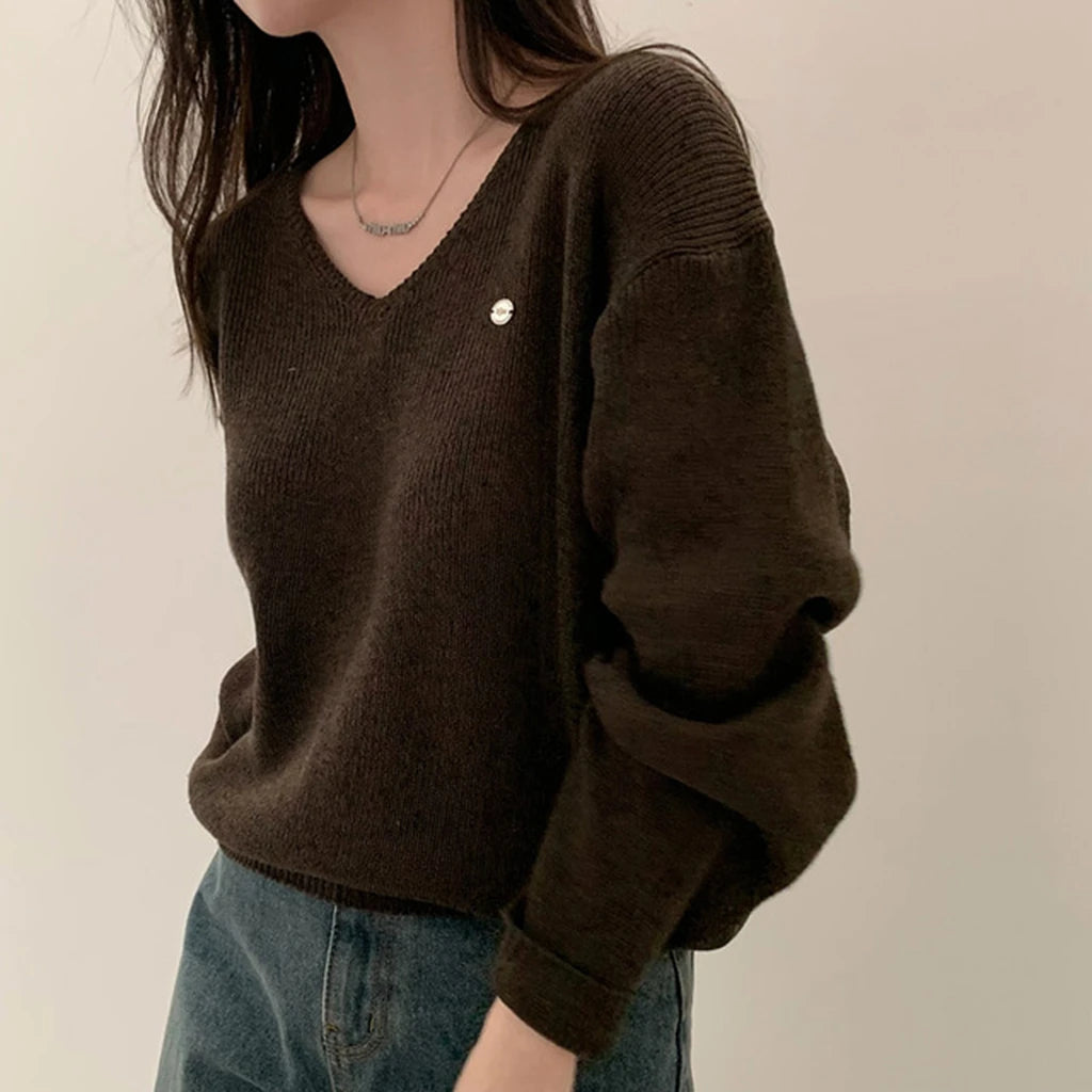 Loose Women’s Knitwear V-Neck Long Sleeve T-Shirt – Casual Comfortable Fashionable Autumn Top New Arrival
